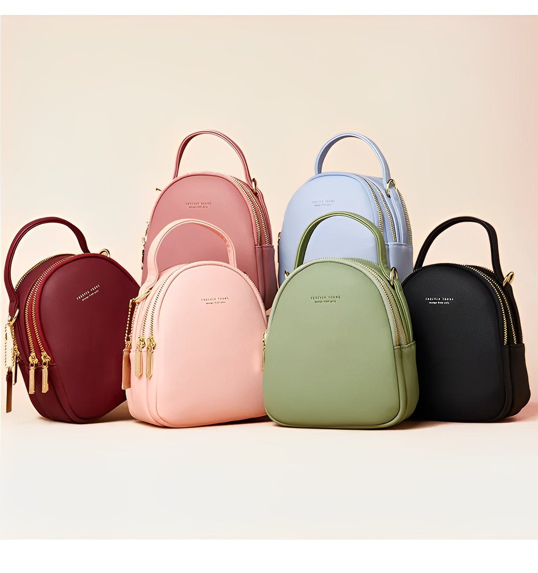 multiple colorful female backpacks